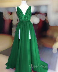 Long Tulle V-neck Evening Prom Dresses Sequin Beaded Evening Gowns