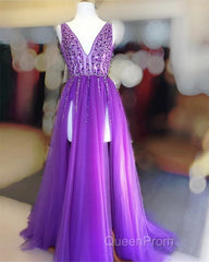 Long Tulle V-neck Evening Prom Dresses Sequin Beaded Evening Gowns