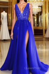 Long Tulle V-neck Evening Prom Dresses Sequin Beaded Evening Gowns