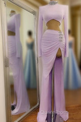 Long Two Piece Mermaid High Neck Split Evening Prom Dresses with Sleeves