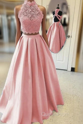 Long Two Piece Evening Prom Dresses Lace High Neck Open Back