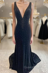 Long Velvet Black Evening Prom Dresses Straps Crystals V Neck Formal Dresses Gowns