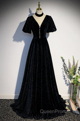 Long Velvet V-Neckline Floor Length Evening Prom Dresses, Black Evening Wedding Party Dresses