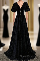 Long Velvet V-Neckline Floor Length Evening Prom Dresses, Black Evening Wedding Party Dresses