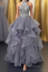 Grey Tulle Long Evening Prom Dresses, A-Line Evening Dresses