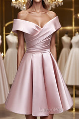 A-Line Satin Off the Shoulder Short Evening Prom Dresses, Mini Evening Party Dresses