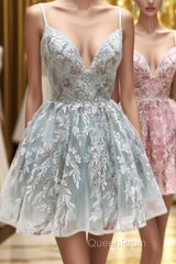 Cute V-Neck Lace Short Evening Prom Dresses, A-Line Homecoming Dresses