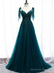 Lovely A-line Straps Tulle Teal Blue Long Evening Dress Prom Dress, A-line Formal Dresses