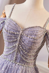 Lovely A-Line Tulle Sequins Floor Length Evening Prom Dresses, Off The Shoulder Evening Party Dresses