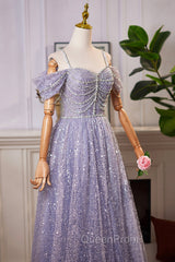 Lovely A-Line Tulle Sequins Floor Length Evening Prom Dresses, Off The Shoulder Evening Party Dresses