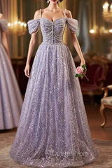 Lovely A-Line Tulle Sequins Floor Length Evening Prom Dresses, Off The Shoulder Evening Party Dresses