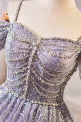 Lovely A-Line Tulle Sequins Knee Length Evening Prom Dresses, Off The Shoulder Evening Party Dresses