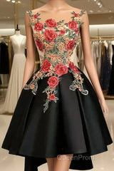 Lovely Black High Low Homecoming Dresses With Floral Lace, Party Dresses