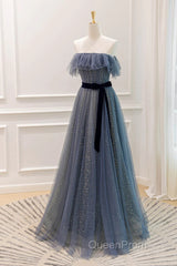 Lovely Blue A-Line Shiny Tulle Sweetheart Party Dresses, Blue Long Formal Dresses Evening Prom Dresses