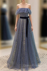 Lovely Blue A-Line Shiny Tulle Sweetheart Party Dresses, Blue Long Formal Dresses Evening Prom Dresses