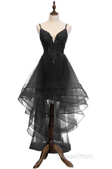 Lovely Blue High Low V-Neckline Straps Party Dresses, New Straps Evening Prom Dresses