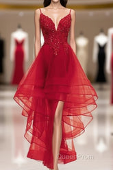 Lovely Blue High Low V-Neckline Straps Party Dresses, New Straps Evening Prom Dresses