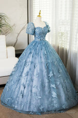 Lovely Blue Short Sleeves Long Party Dress With Butterfly Lace, Blue Prom Dress