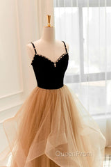 Lovely Champagne A-Line Beaded Strap Party Dresses, Tulle Layers Long Evening Prom Dresses