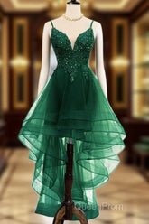 Lovely Dark Green High Low Chic Party Dresses Evening Prom Dresses, V-Neckline Straps Homecoming Dresses