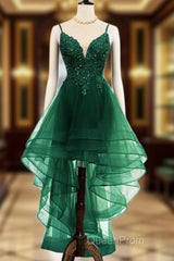 Lovely Dark Green High Low Chic Party Dresses Evening Prom Dresses, V-Neckline Straps Homecoming Dresses