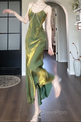 Lovely Green Straps Long Formal Dresses, Green Satin Party Dresses Evening Dresses