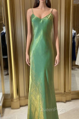 Lovely Green Straps Long Formal Dresses, Green Satin Party Dresses Evening Dresses
