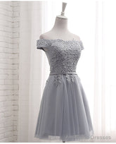 Lovely Grey Short Tulle Party Dress with Lace Applique, Bridesmaid Dresses Cute Formal Dress