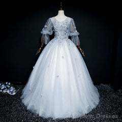Lovely Grey Tulle Puffy Sleeves with Lace Long Formal Dress, Sweet 16 Dresses