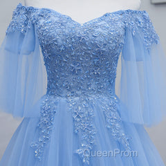 Lovely Light Blue With Lace Off Shoulder Short Evening Prom Dresses, Blue Homecoming Dresses