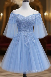 Lovely Light Blue With Lace Off Shoulder Short Evening Prom Dresses, Blue Homecoming Dresses