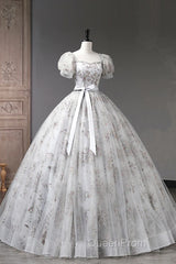 Lovely Light Grey Tulle Sequins Long Evening Prom Dresses, A-Line Grey Evening Party Dresses