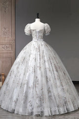 Lovely Light Grey Tulle Sequins Long Evening Prom Dresses, A-Line Grey Evening Party Dresses