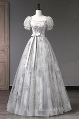 Lovely Light Grey Tulle Sequins Long Evening Prom Dresses, A-Line Grey Evening Party Dresses