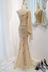 Lovely One Shoulder Champagne Sequins Mermaid Evening Prom Dresses, Champagne Evening Dresses