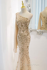 Lovely One Shoulder Champagne Sequins Mermaid Evening Prom Dresses, Champagne Evening Dresses