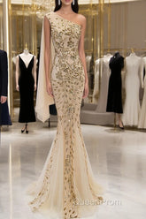 Lovely One Shoulder Champagne Sequins Mermaid Evening Prom Dresses, Champagne Evening Dresses