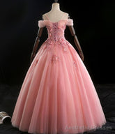 Lovely Pink Floral Tulle Off Shoulder Flowers Princess Gown, Pink Sweet 16 Formal Dresses