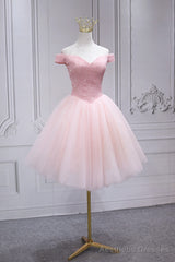 Lovely Pink Off Shoulder Style Princess Tulle Homecoming Dress, Pink Prom Dress Party Dress