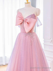 Lovely Pink Tulle Long Prom Dress with Bow Pink Formal Dresses prom dresses shops