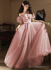 Lovely Pink Tulle Off Shoulder A-line Party Dress, Pink Tulle Long Prom Dress
