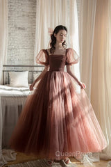Lovely Puffy Sleeves Tulle Long Party Dresses, Scoop Ball Gown Long Evening Prom Dresses