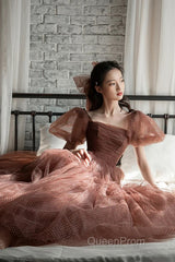 Lovely Puffy Sleeves Tulle Long Party Dresses, Scoop Ball Gown Long Evening Prom Dresses
