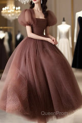 Lovely Puffy Sleeves Tulle Long Party Dresses, Scoop Ball Gown Long Evening Prom Dresses