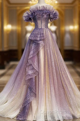 Lovely Purple Shiny Tulle Off Shoulder Evening Dresses, Purple Long Evening Prom Dresses