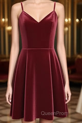 Lovely Short Homecoming Dresses, Wine Red Straps V-Neckline Evening Prom Dresses, Party Dresses