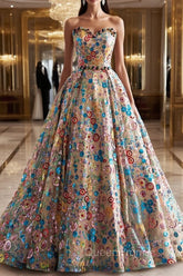 Lovely Sweetheart Floral Sequin Long Evening Prom Dresses, A-Line Strapless Evening Dresses