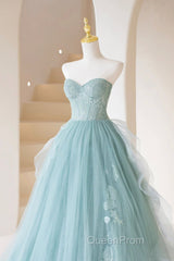 Lovely Sweetheart Neckline Tulle Long Evening Prom Dresses With Lace, Beautiful Strapless Evening Dresses