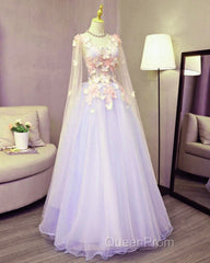 Lovely Tulle Lavender Long Formal Dresses With Lace Applique, Sweet 16 Dresses