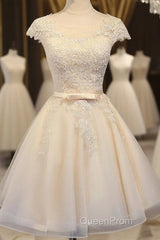 Lovely Tulle Light Champagne Short Evening Prom Dresses, Homecoming Dresses , Formal Dresses, Evening Prom Dresses